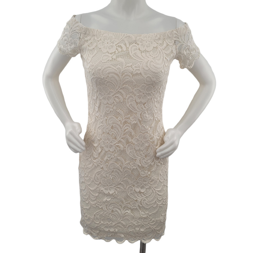 AMBIANCE Lace Ivory Cream Bodycon Mini Dress Size L Off the Shoulder